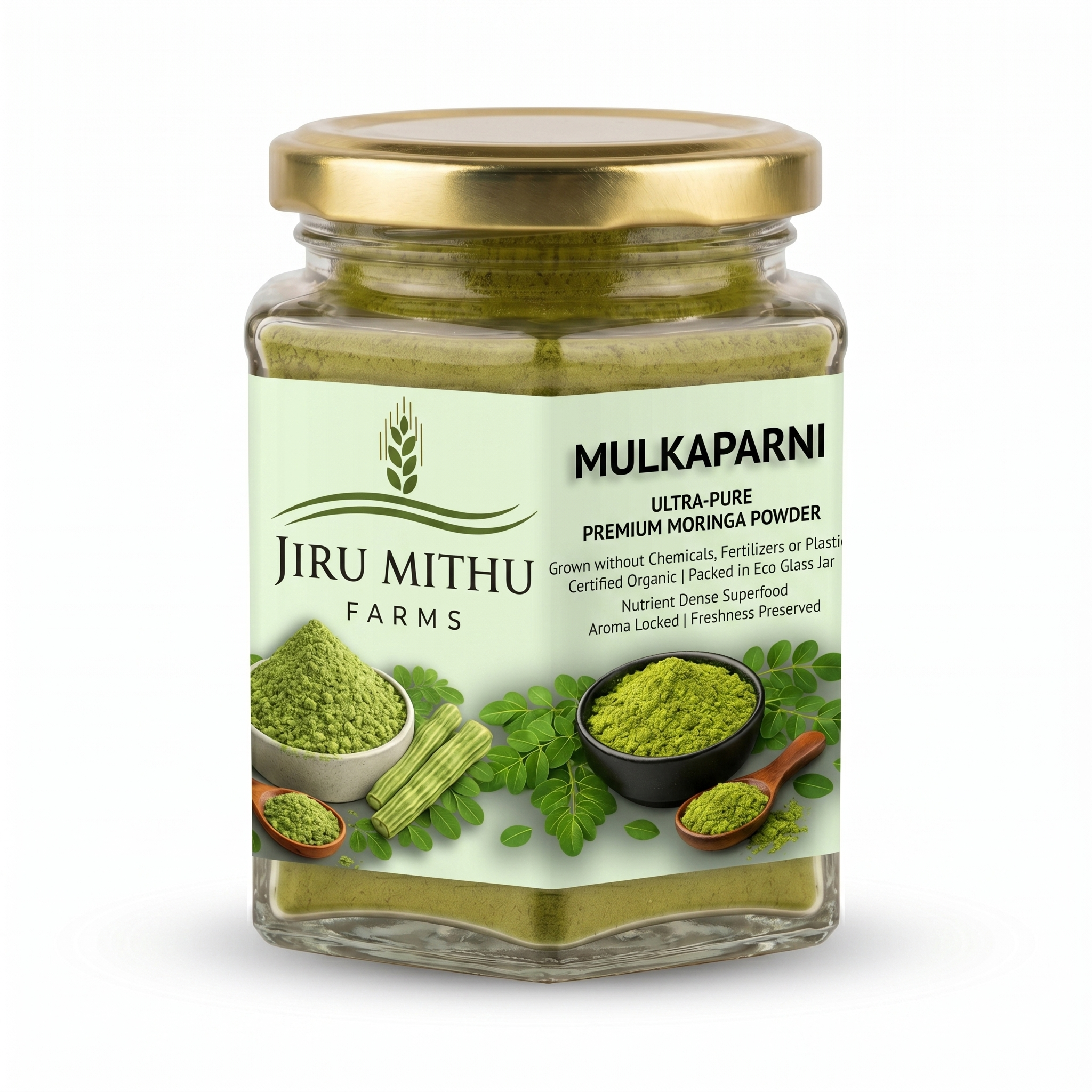 MULKAPARNI Organic Moringa Powder — hexagonal glass jar — angle 2