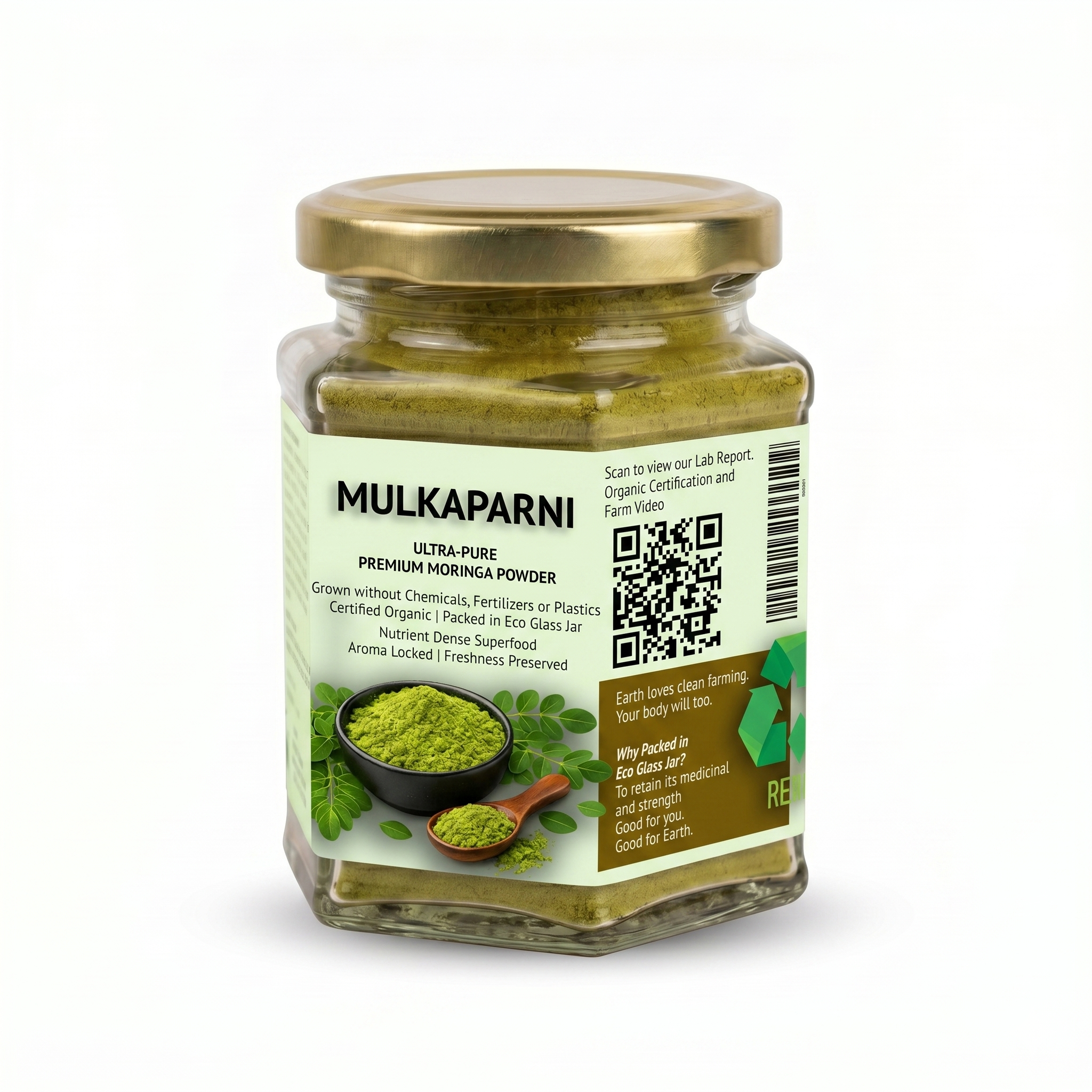 MULKAPARNI Organic Moringa Powder — hexagonal glass jar — angle 4