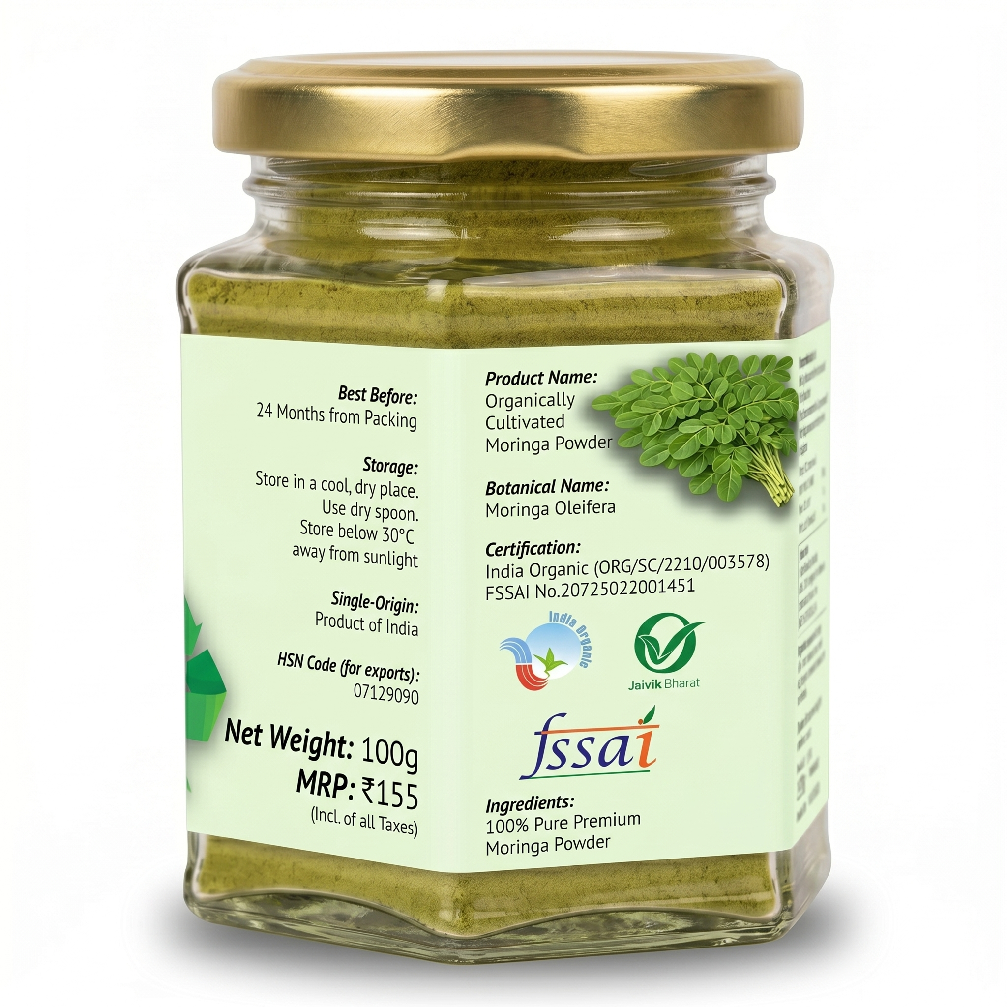 MULKAPARNI Organic Moringa Powder — hexagonal glass jar — angle 3