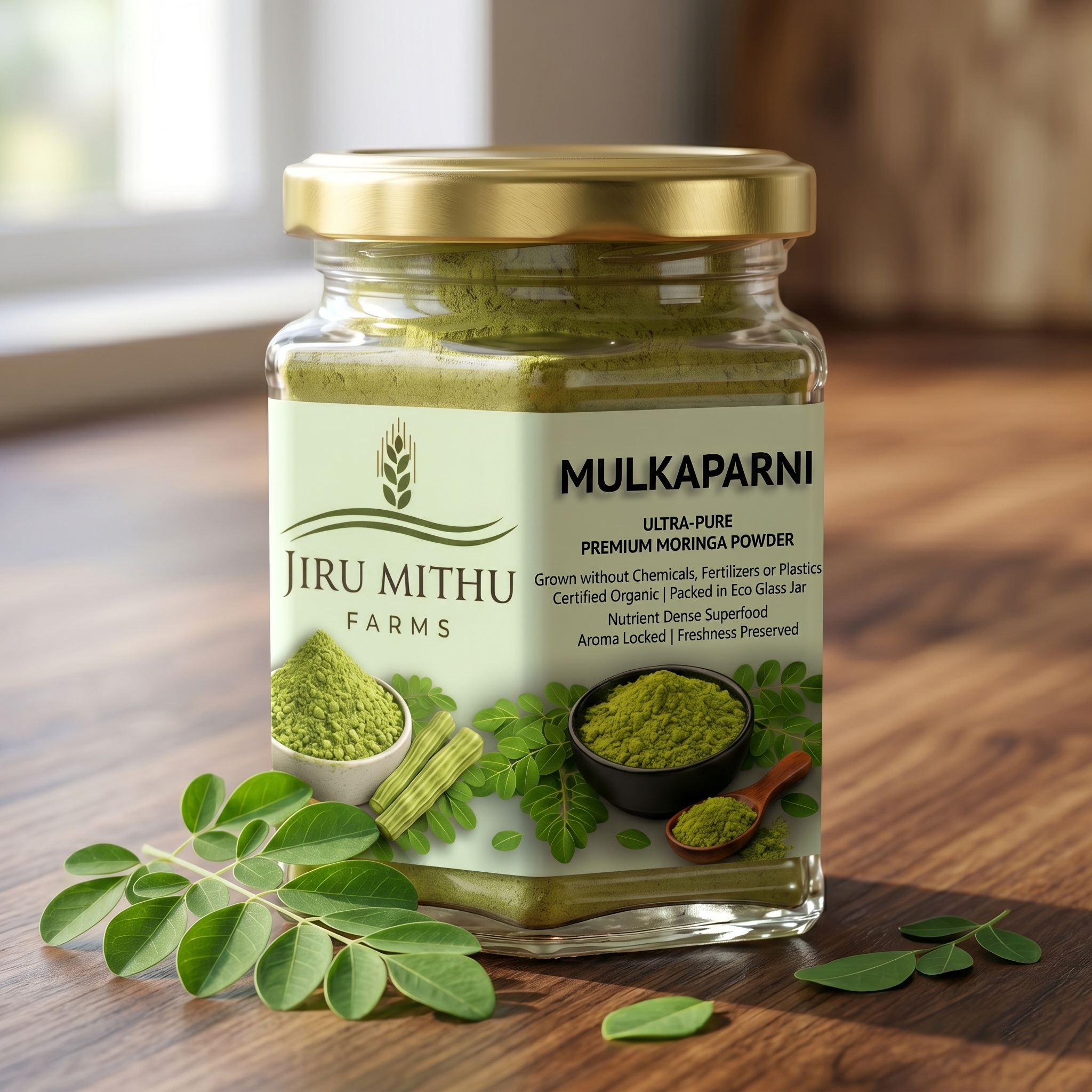 MULKAPARNI moringa powder jar with fresh moringa leaves