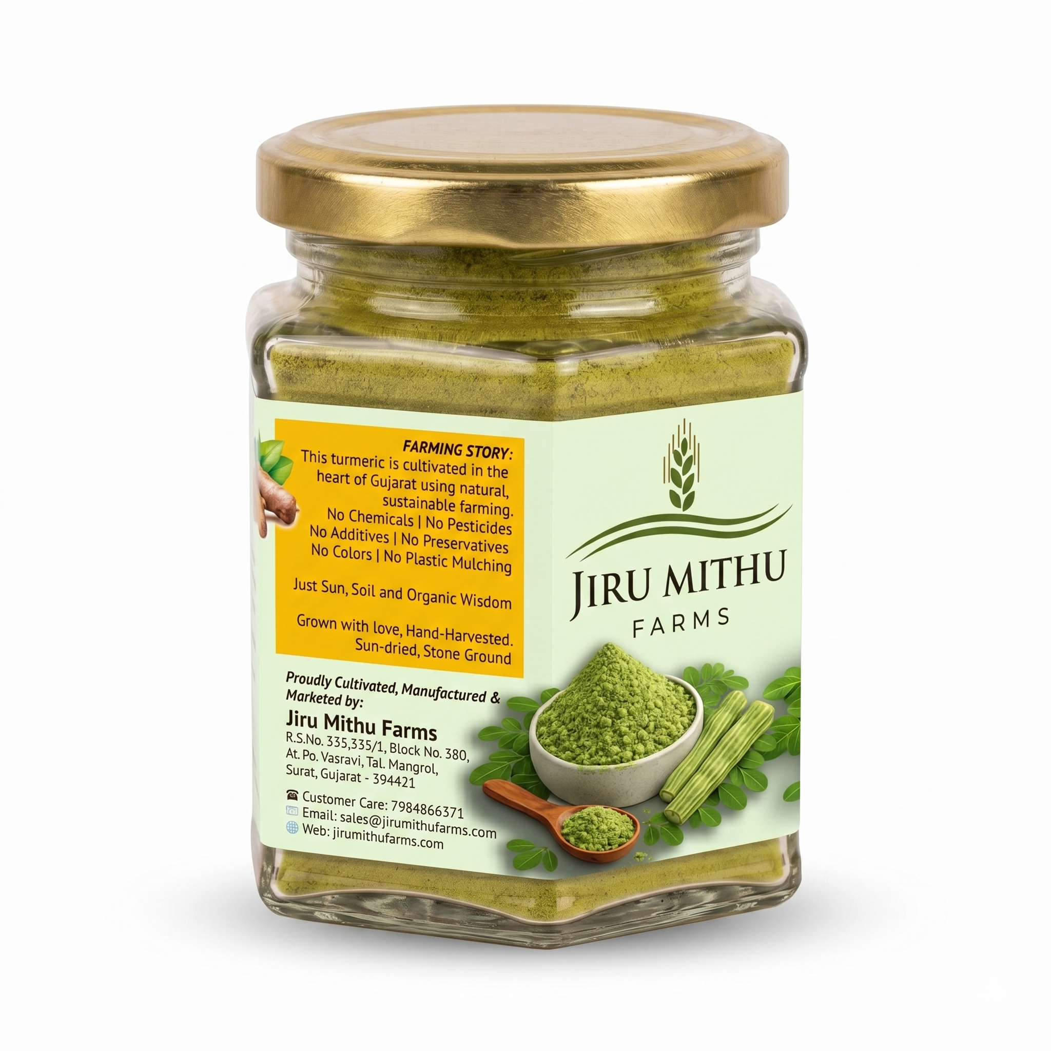 MULKAPARNI Organic Moringa Powder — hexagonal glass jar — angle 5