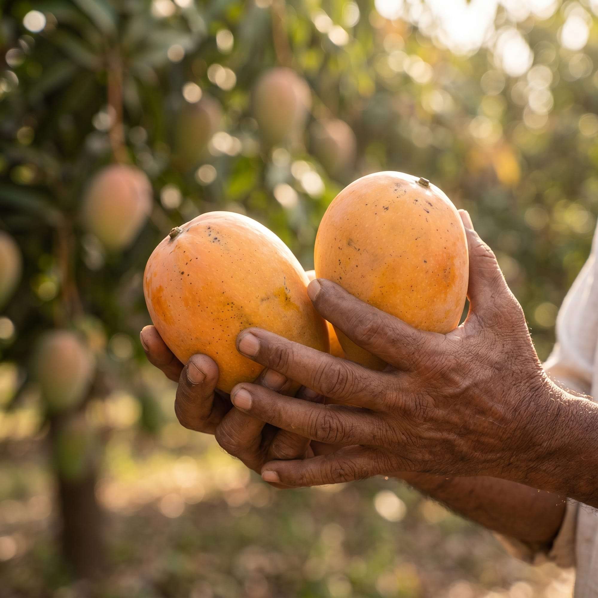 Farmer's hands holding a Kesar mango at Jiru Mithu Farms