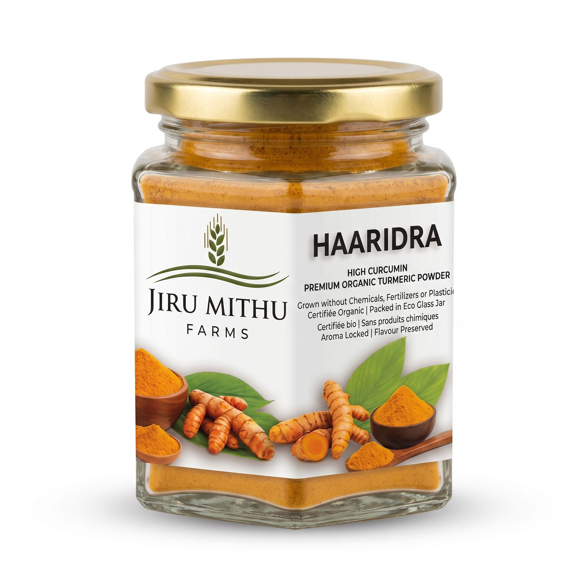 HAARIDRA Organic Turmeric — hexagonal glass jar — angle 2