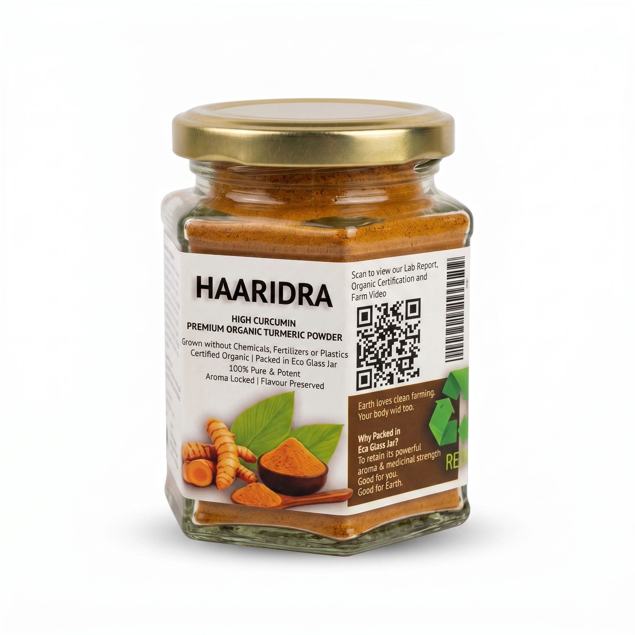 HAARIDRA Organic Turmeric — hexagonal glass jar — angle 4
