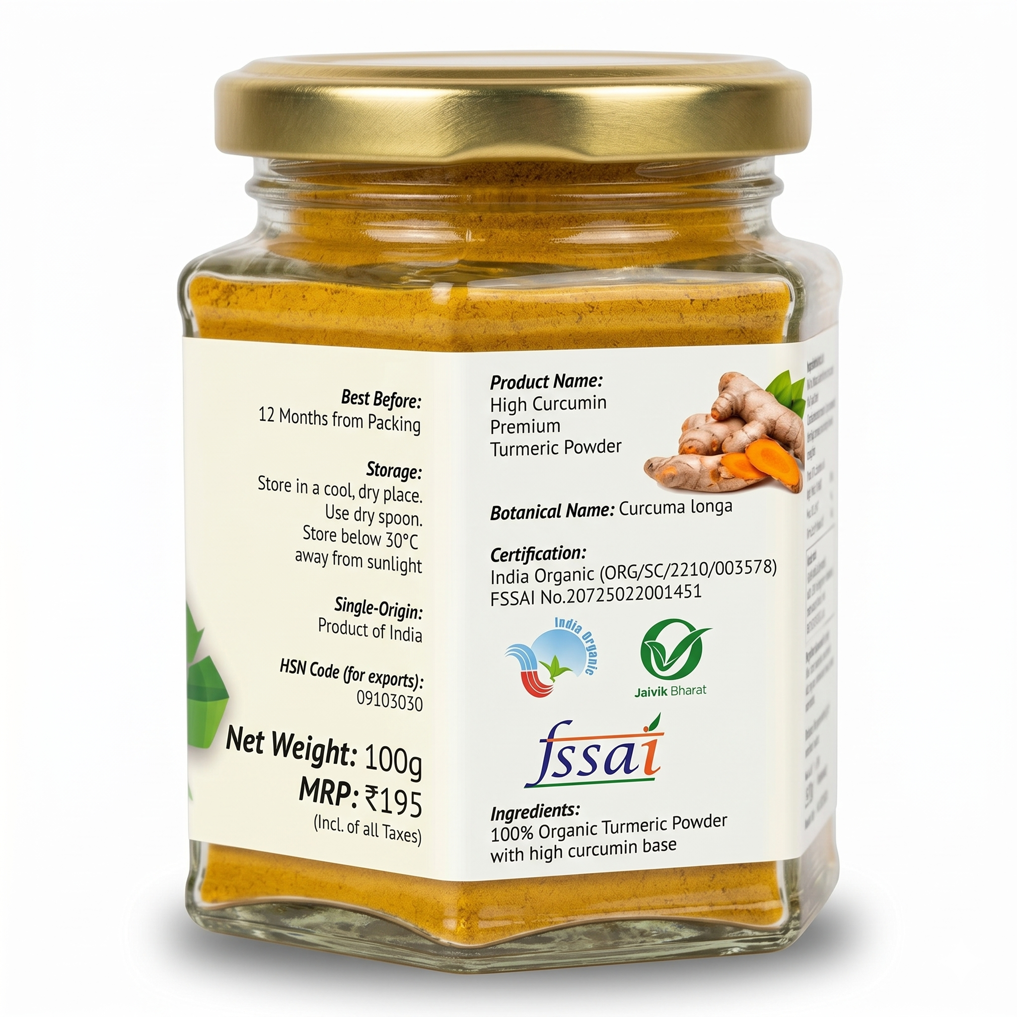 HAARIDRA Organic Turmeric — hexagonal glass jar — angle 3
