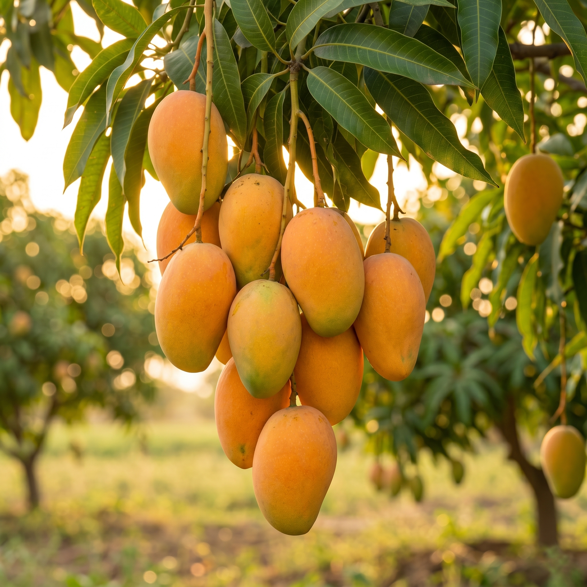 Ripe Kesar mangoes hanging from the tree โ Jiru Mithu Farms, Gujarat